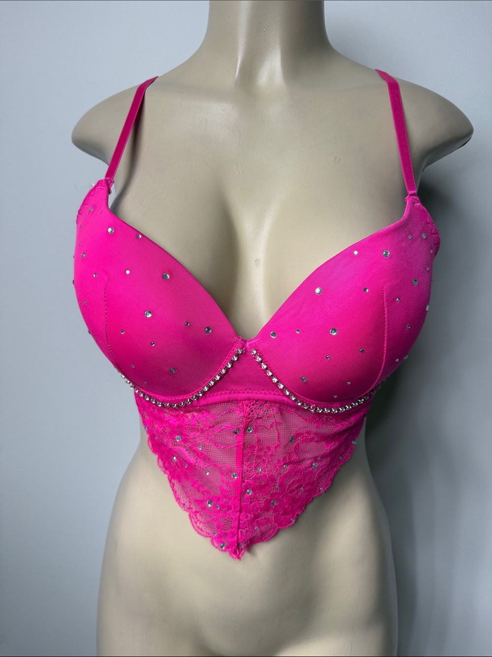 Crystal-Embellished Hot Pink Lace Longline Push-Up Bra